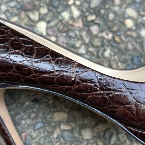 Ann Taylor Brown Embossed Croc Leather Platform Round Toe Heels Size 8.5 Medium - Picture 7 of 12
